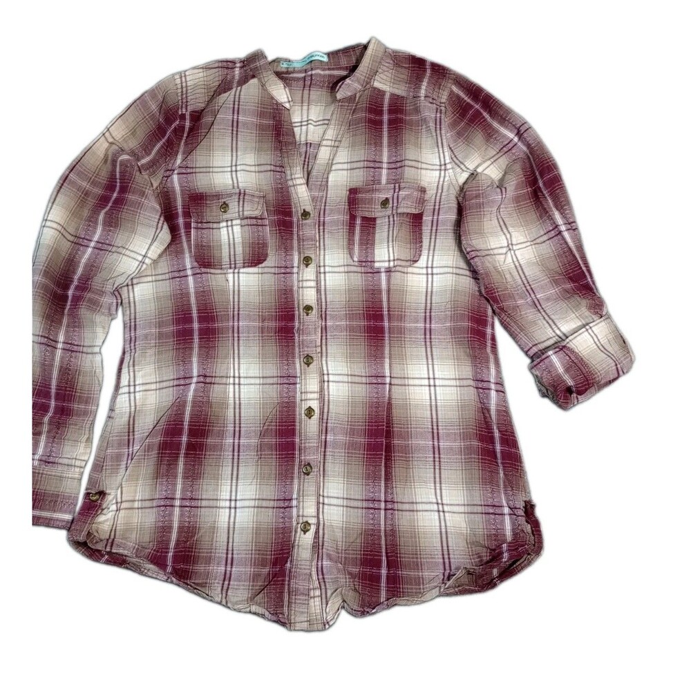 Maurices Womens M Burgundy Plaid Roll Tab Long Sleeve Split Neck Cotton Blouse M